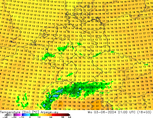 Temperature (2m) Arpege-eu Mo 03.06.2024 21 UTC