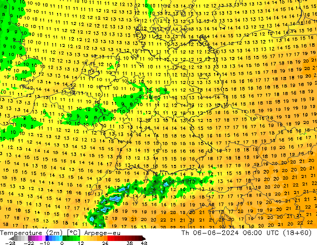 Temperatura (2m) Arpege-eu gio 06.06.2024 06 UTC