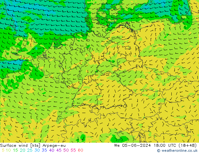 Vento 10 m Arpege-eu mer 05.06.2024 18 UTC