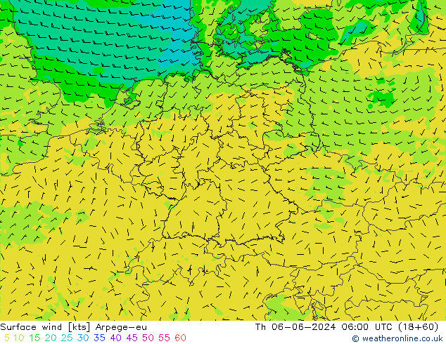 Surface wind Arpege-eu Th 06.06.2024 06 UTC