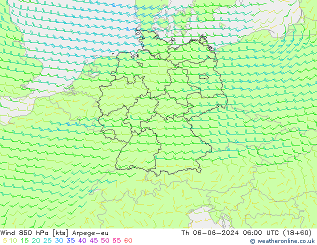 Wind 850 hPa Arpege-eu Th 06.06.2024 06 UTC