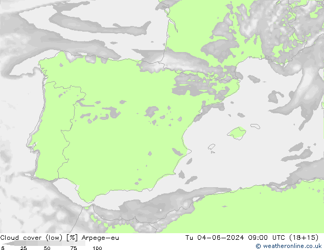 Cloud cover (low) Arpege-eu Tu 04.06.2024 09 UTC