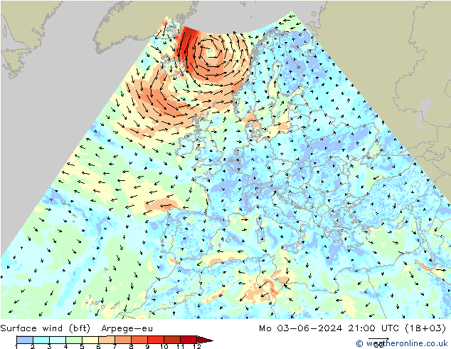 Vento 10 m (bft) Arpege-eu lun 03.06.2024 21 UTC