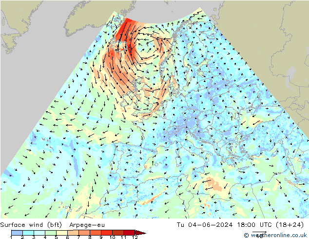 Vent 10 m (bft) Arpege-eu mar 04.06.2024 18 UTC