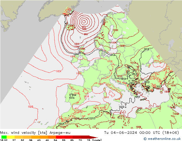 Max. wind velocity Arpege-eu wto. 04.06.2024 00 UTC