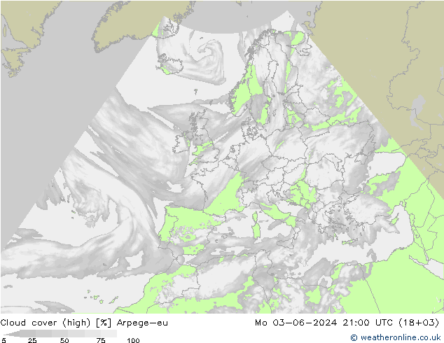 Cloud cover (high) Arpege-eu Mo 03.06.2024 21 UTC