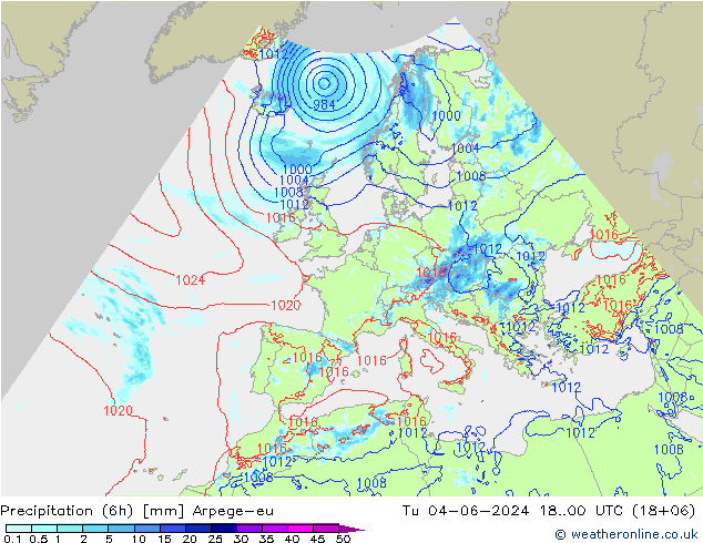 Precipitazione (6h) Arpege-eu mar 04.06.2024 00 UTC