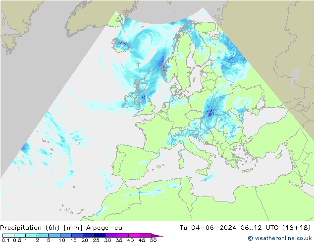 Precipitation (6h) Arpege-eu Út 04.06.2024 12 UTC