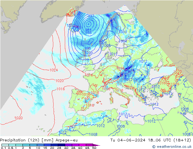 Precipitation (12h) Arpege-eu Tu 04.06.2024 06 UTC