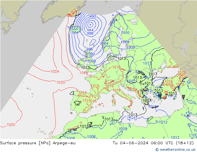 Surface pressure Arpege-eu Tu 04.06.2024 06 UTC