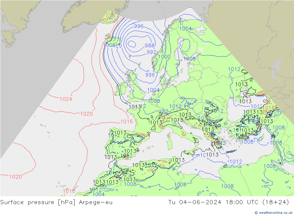 Pressione al suolo Arpege-eu mar 04.06.2024 18 UTC