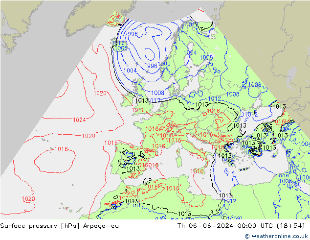 Pressione al suolo Arpege-eu gio 06.06.2024 00 UTC