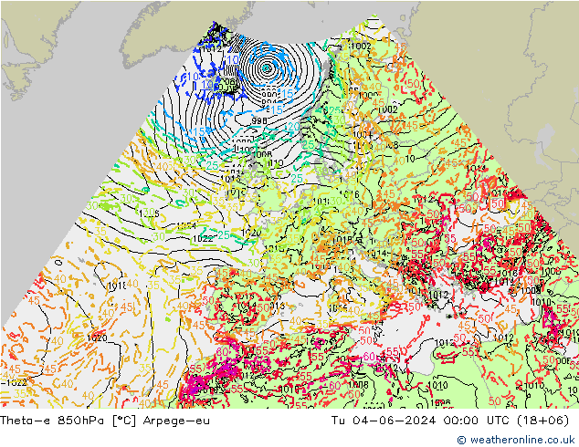 Theta-e 850hPa Arpege-eu Di 04.06.2024 00 UTC