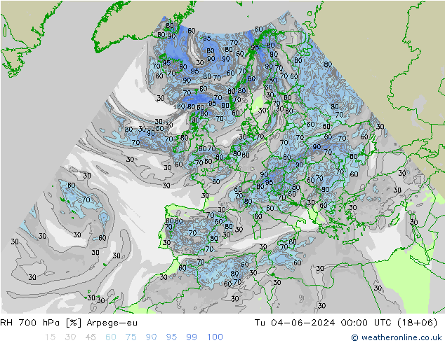Humidité rel. 700 hPa Arpege-eu mar 04.06.2024 00 UTC