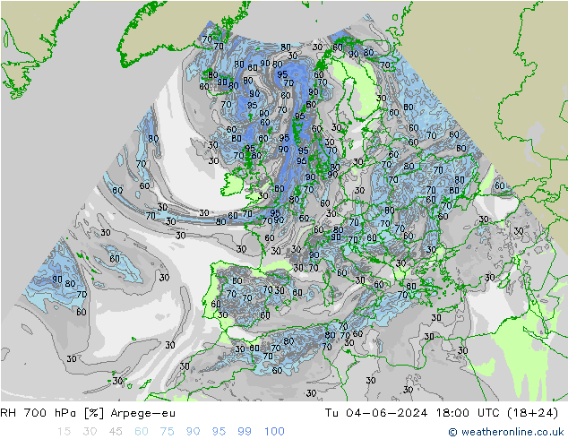 RH 700 hPa Arpege-eu  04.06.2024 18 UTC