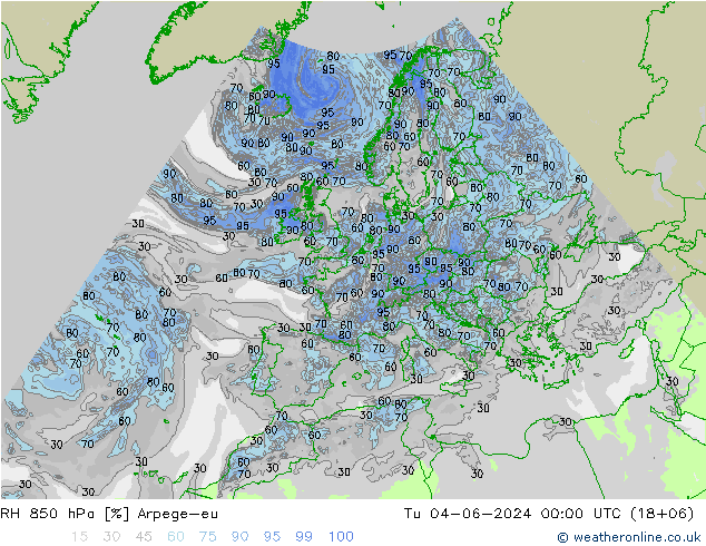 RH 850 hPa Arpege-eu Tu 04.06.2024 00 UTC