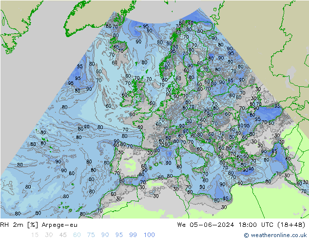 RH 2m Arpege-eu mer 05.06.2024 18 UTC