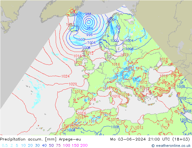 Precipitation accum. Arpege-eu Mo 03.06.2024 21 UTC