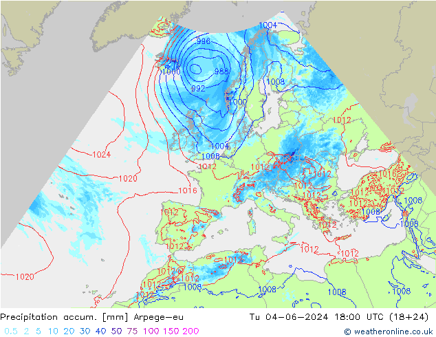 Precipitation accum. Arpege-eu Tu 04.06.2024 18 UTC