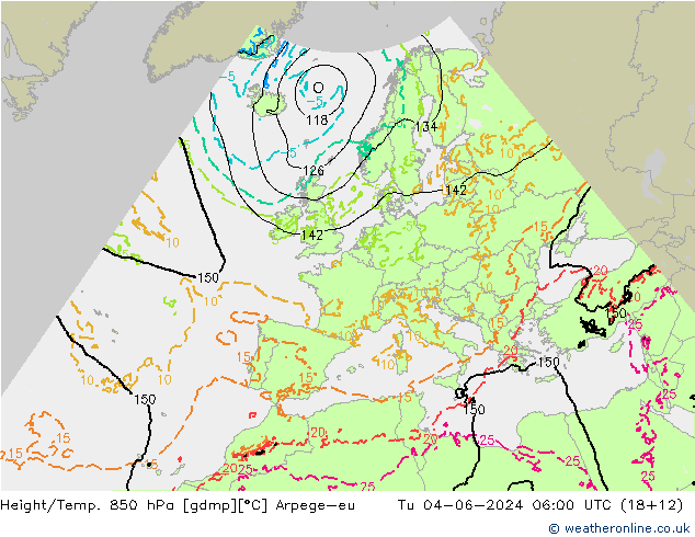 Height/Temp. 850 hPa Arpege-eu Tu 04.06.2024 06 UTC