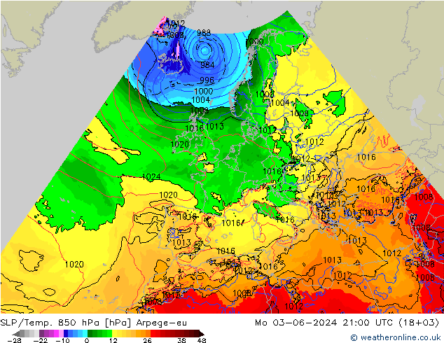 SLP/Temp. 850 hPa Arpege-eu Mo 03.06.2024 21 UTC