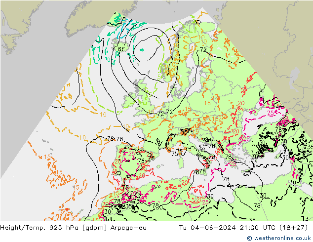 Height/Temp. 925 гПа Arpege-eu вт 04.06.2024 21 UTC