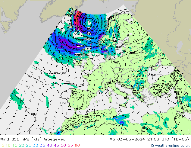 Wind 850 hPa Arpege-eu Mo 03.06.2024 21 UTC