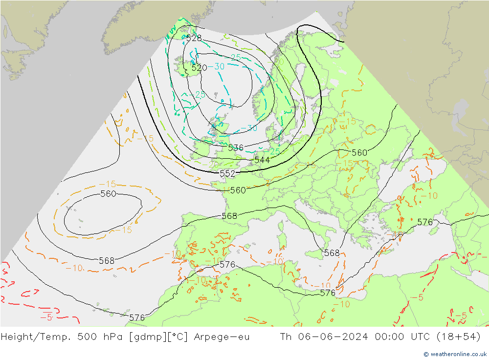 Height/Temp. 500 hPa Arpege-eu czw. 06.06.2024 00 UTC