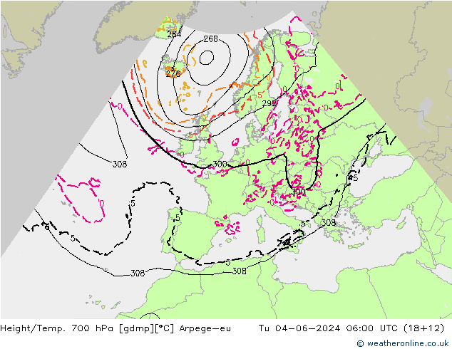 Height/Temp. 700 hPa Arpege-eu Tu 04.06.2024 06 UTC