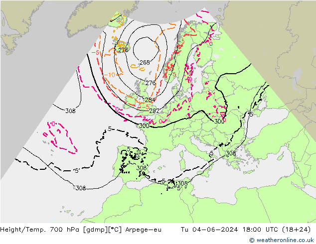 Yükseklik/Sıc. 700 hPa Arpege-eu Sa 04.06.2024 18 UTC