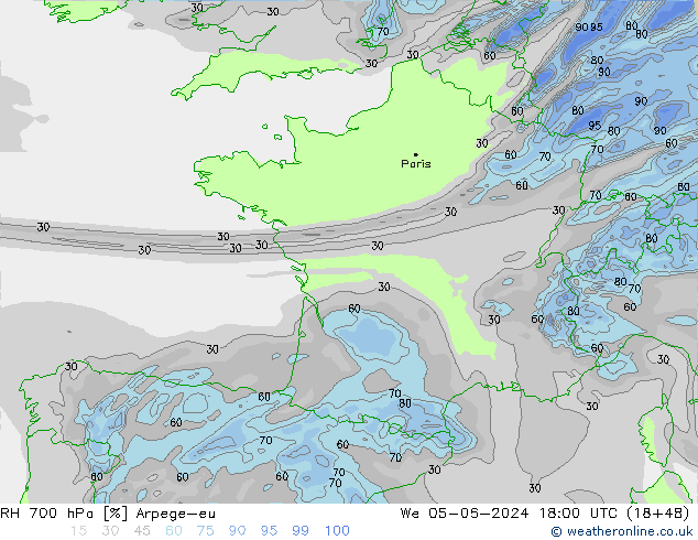 RH 700 hPa Arpege-eu St 05.06.2024 18 UTC