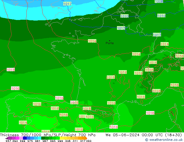 Thck 700-1000 hPa Arpege-eu Qua 05.06.2024 00 UTC