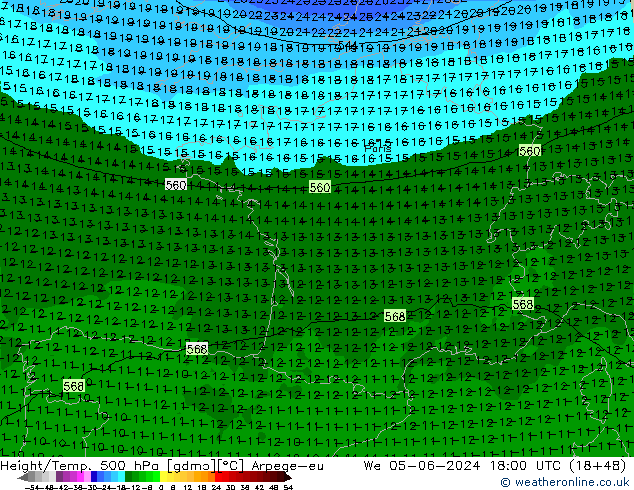 Height/Temp. 500 hPa Arpege-eu  05.06.2024 18 UTC