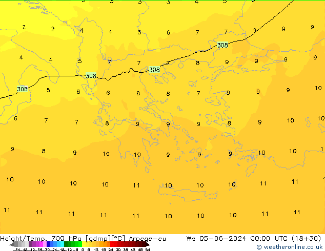 Height/Temp. 700 hPa Arpege-eu mer 05.06.2024 00 UTC