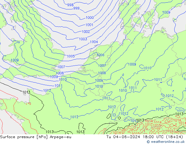 Surface pressure Arpege-eu Tu 04.06.2024 18 UTC