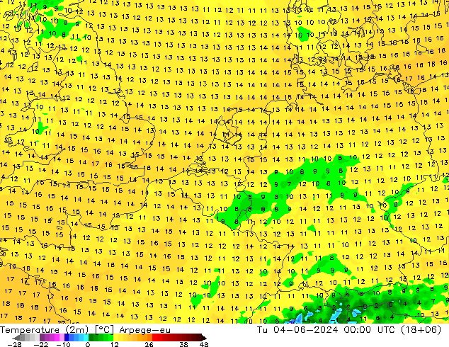 Temperatuurkaart (2m) Arpege-eu di 04.06.2024 00 UTC