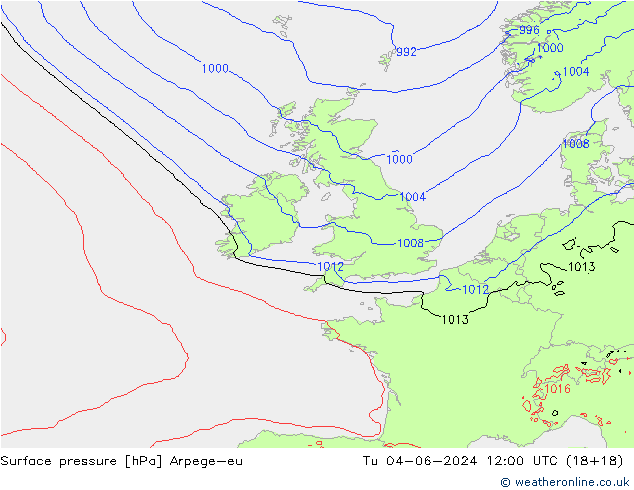 Surface pressure Arpege-eu Tu 04.06.2024 12 UTC