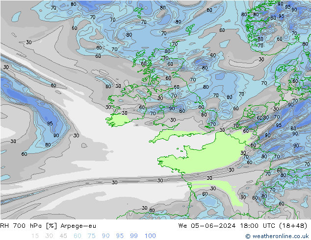 RH 700 hPa Arpege-eu  05.06.2024 18 UTC