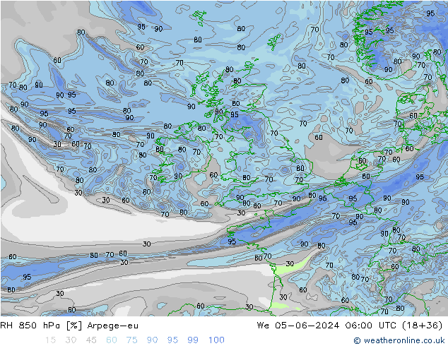 RH 850 hPa Arpege-eu We 05.06.2024 06 UTC