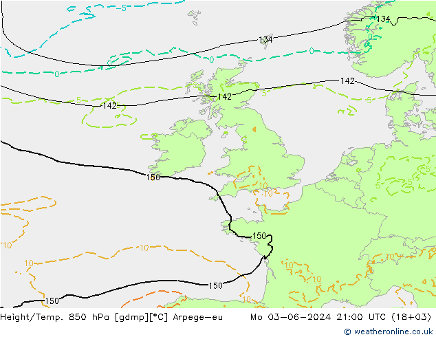 Height/Temp. 850 hPa Arpege-eu Po 03.06.2024 21 UTC