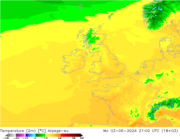 Temperatura (2m) Arpege-eu lun 03.06.2024 21 UTC