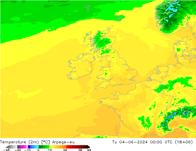 Temperature (2m) Arpege-eu Tu 04.06.2024 00 UTC