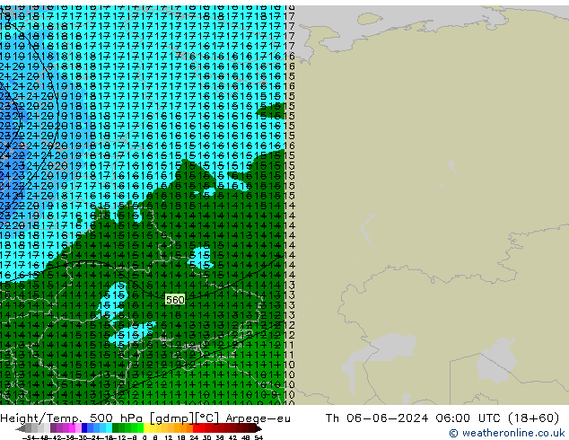 Geop./Temp. 500 hPa Arpege-eu jue 06.06.2024 06 UTC