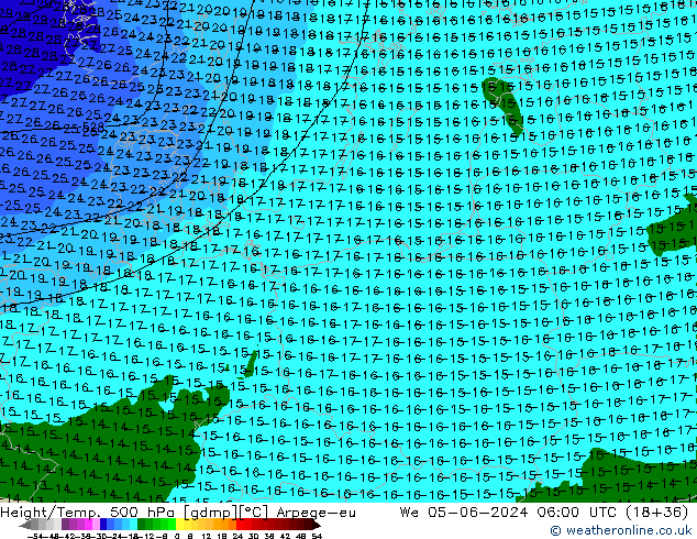 Height/Temp. 500 hPa Arpege-eu Qua 05.06.2024 06 UTC