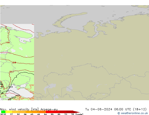 Max. wind velocity Arpege-eu Út 04.06.2024 06 UTC