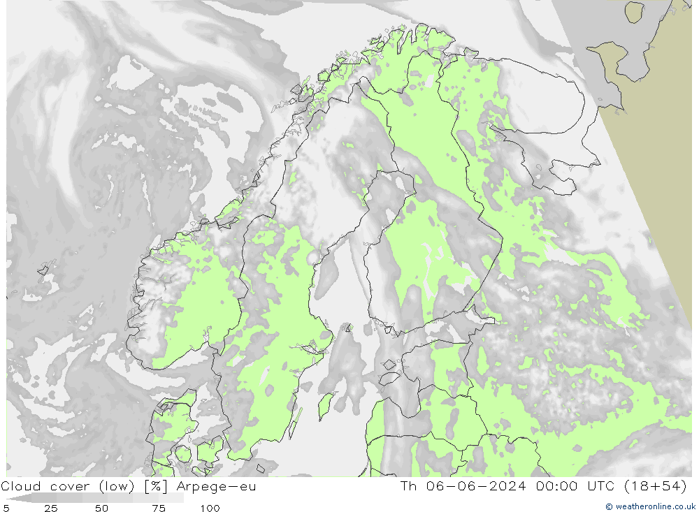 Cloud cover (low) Arpege-eu Th 06.06.2024 00 UTC