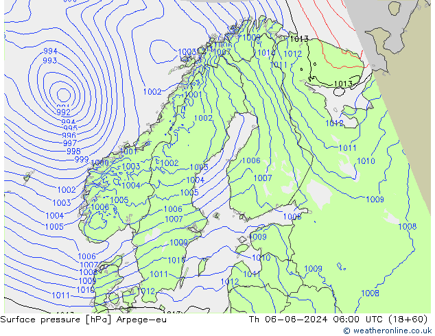 Pressione al suolo Arpege-eu gio 06.06.2024 06 UTC