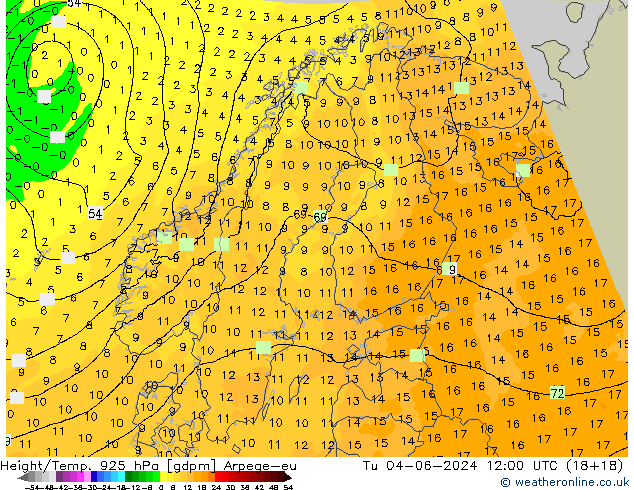 Height/Temp. 925 hPa Arpege-eu Út 04.06.2024 12 UTC