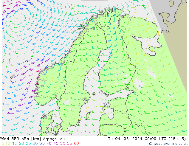 Rüzgar 850 hPa Arpege-eu Sa 04.06.2024 09 UTC