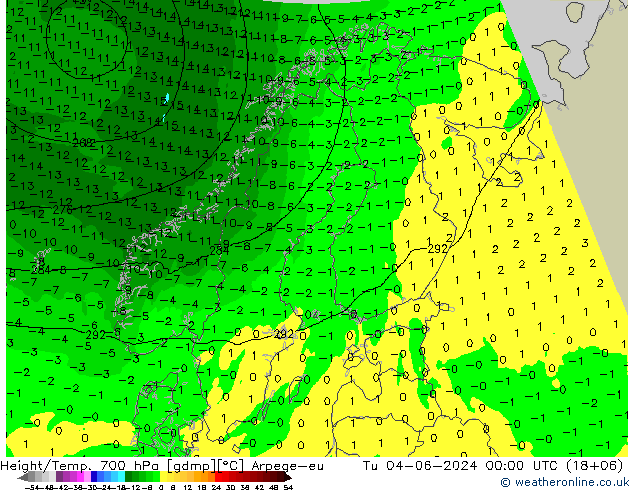 Height/Temp. 700 hPa Arpege-eu 星期二 04.06.2024 00 UTC